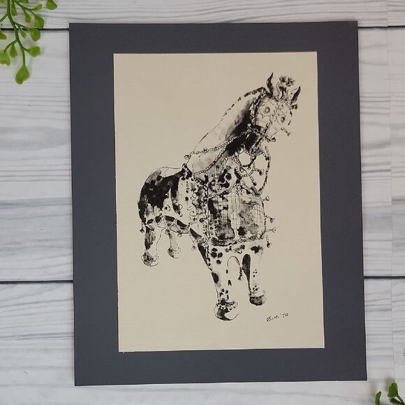 Other - Ink Drawing Print Of A Tang Dynasty Style Horse Signed " Eve "  '70